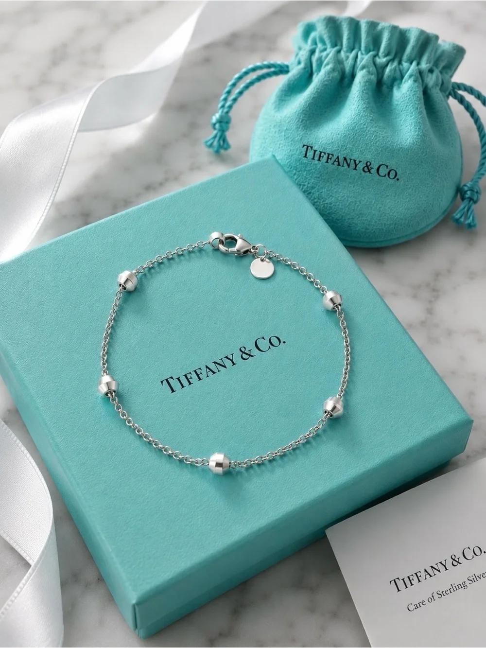 Rare Retired Tiffany & Co. Barrel Bead Station Bracelet Sterling Silver 7.5”